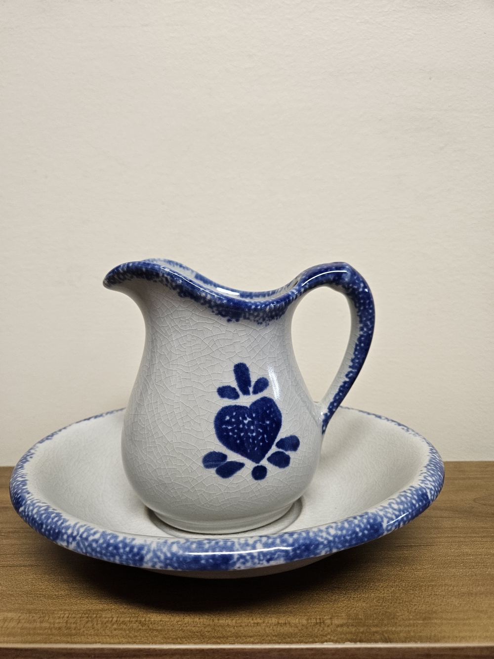 Vintage Loomco Blue Heart Ceramic Mini Pitcher and Basin Set
